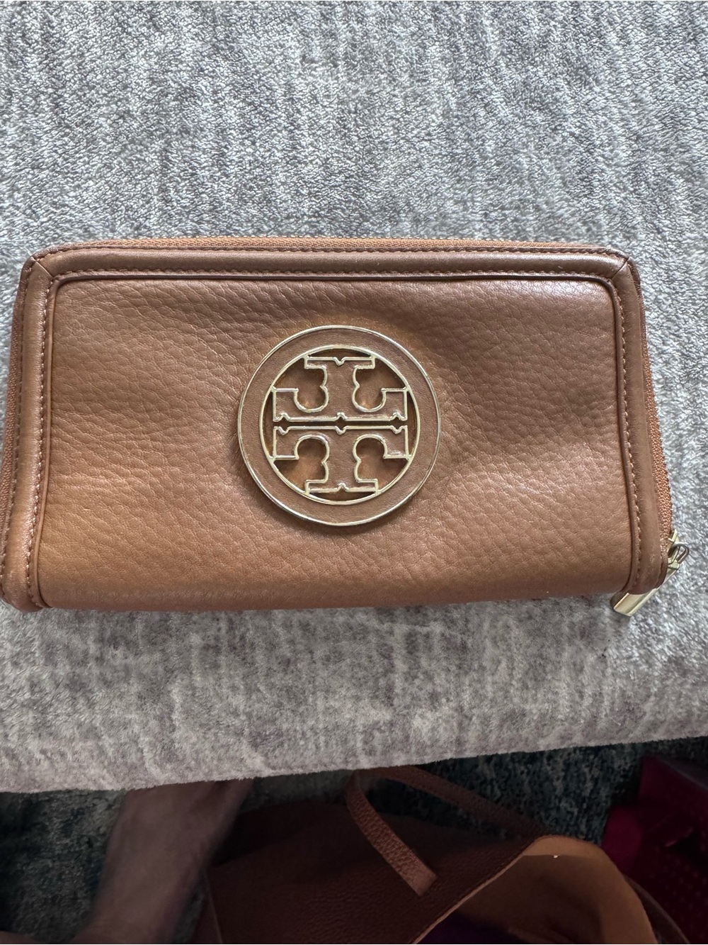 Tory Burch Tan Leather Zip-Around Wallet with Gold Logo